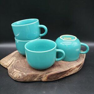 Newcor Stoneware Teal Coffee Mugs Set of 4 Thailand Vintage Retro Cups